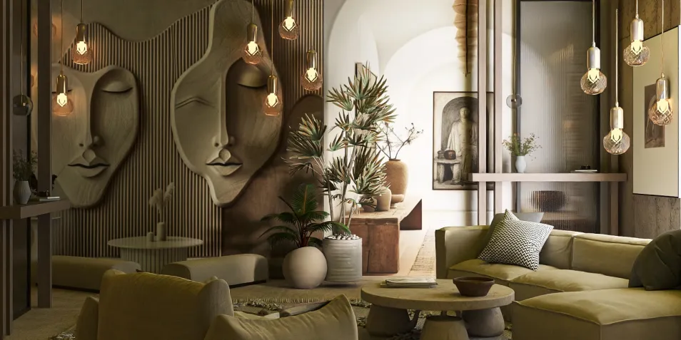 Modern living room interior featuring artistic wall sculptures, arranging furniture for optimal flow, in a contemporary minimalist style, emphasizing comfort and relaxation, utilizing Homestyler's real-time 3D rendering for design visualization.