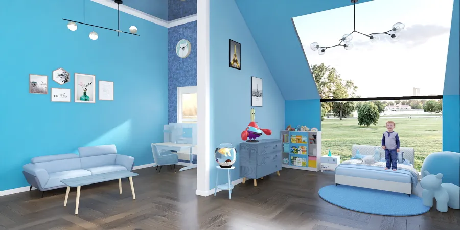 a living room with a blue floor and a blue wall 