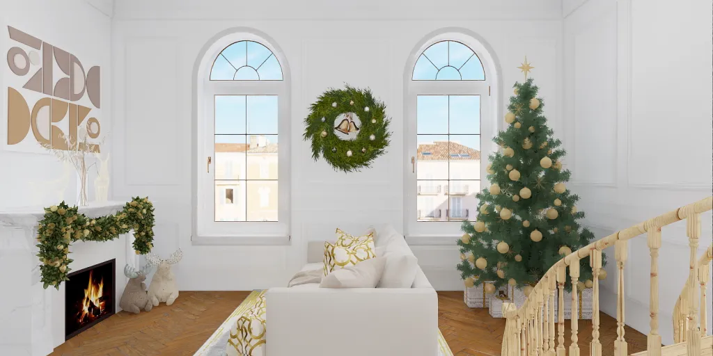 a living room with a christmas tree and a clock 