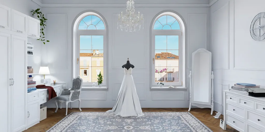 a room with a white table and a white rug 