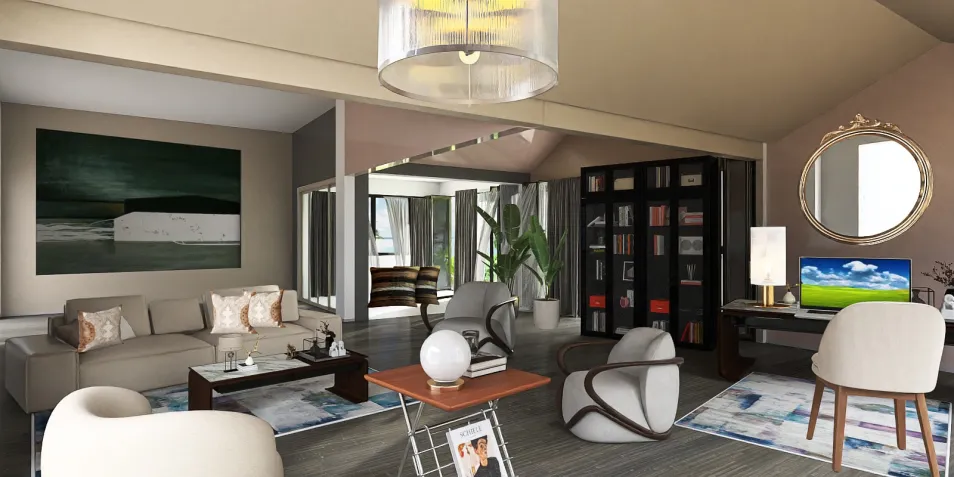 modern living room design featuring a cozy seating arrangement and elegant decor, showcasing relaxed atmosphere and functionality, utilizing Homestyler's real-time 3D rendering feature.