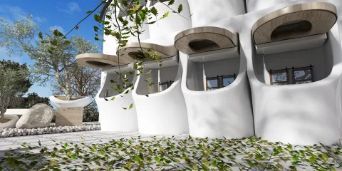 modern architectural exterior with unique pod-like windows featuring natural landscaping and outdoor seating, showcasing an innovative design concept for a serene outdoor space using Homestyler's real-time 3D rendering feature.