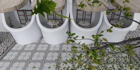 modern outdoor seating areas with unique curved structures featuring wooden roofs and elegant tiled flooring, designed for efficient use of space in a hospitality setting, showcasing Homestyler's real-time 3D rendering capabilities.