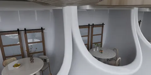 Modern dining area with sleek tables and elegant chairs, showcasing a minimalist design style for interior decor, featuring Homestyler's real-time 3D rendering capability.