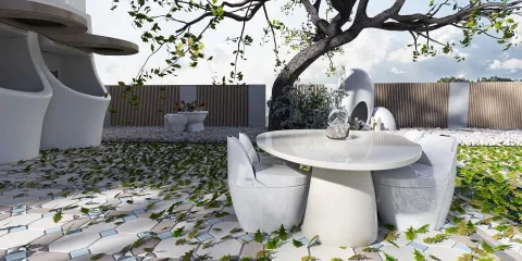 outdoor dining area featuring a modern round table and stylish chairs, designed for an elegant backyard space, showcasing Homestyler's real-time 3D rendering capabilities.