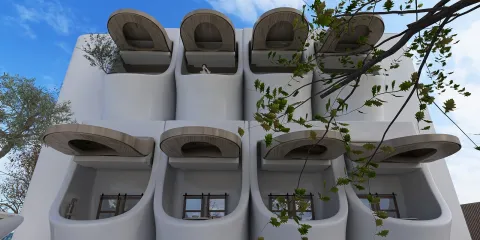 modern architectural design featuring unique curved balconies and large windows, showcasing contemporary style and maximizing outdoor views, utilizing Homestyler's real-time 3D rendering for an accurate preview.
