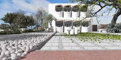 outdoor landscape featuring a modern architectural design with white structures, enhanced by green plants and a stone pathway, showcasing a serene environment for a residential outdoor area using Homestyler's real-time 3D rendering feature.