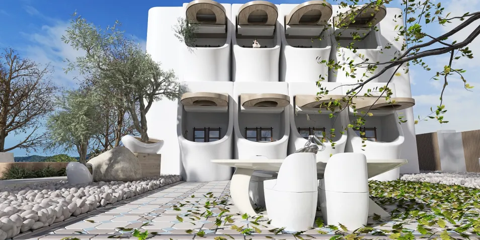 outdoor seating area with modern design showcasing 3D rendering features, incorporating a minimalist style and enhancing the outdoor living experience using Homestyler's real-time 3D rendering technology.