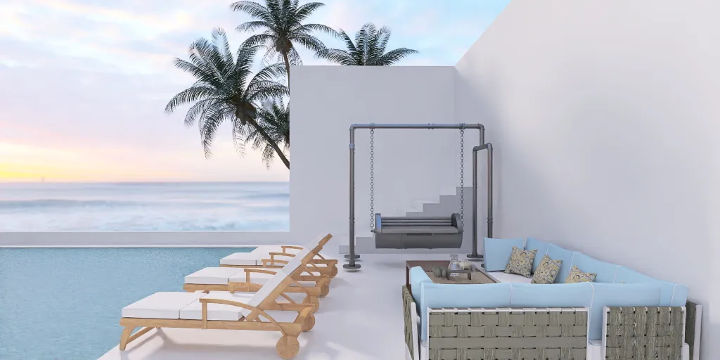 a beach with a balcony and a table with chairs 