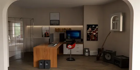 modern home office interior design showcasing a creative workspace with wooden desk and musical instruments, featuring Homestyler's real-time 3D rendering for quick design previews