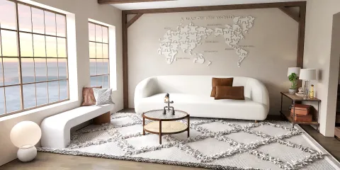 modern living room with a white sofa and a wooden coffee table featuring a world map wall art, showcasing interior design with functionality and style, highlighting Homestyler's real-time 3D rendering feature.