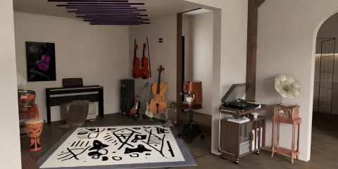 a cozy music room featuring various musical instruments and a stylish black and white rug, showcasing interior decor with Homestyler's real-time 3D rendering for a seamless design proposal.