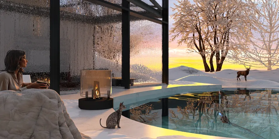 Woman relaxing by an outdoor pool, enjoying a sunset view with snowy surroundings, in a contemporary winter living space, showcasing interior decor with smart furniture arrangement using Homestyler's real-time 3D rendering feature.