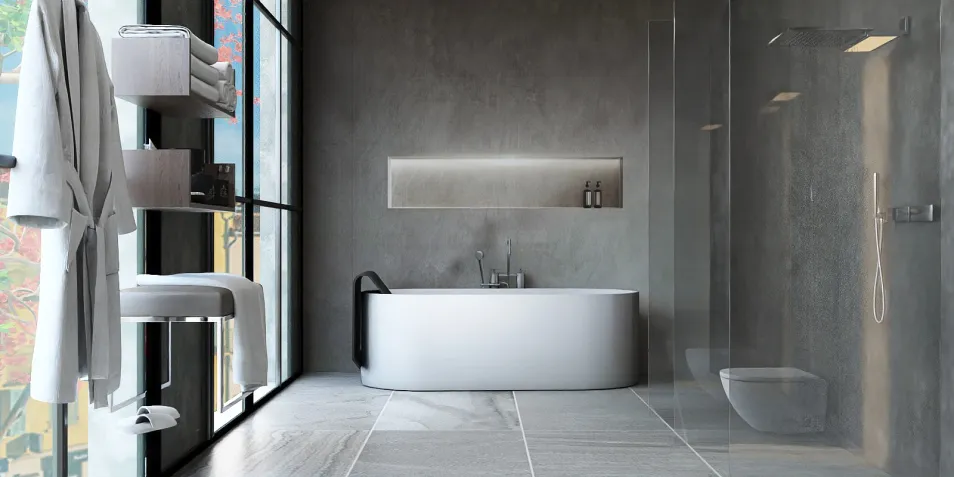 luxurious bathtub installation featuring modern design elements in a contemporary bathroom, showcasing 3D interior design capabilities with Homestyler for effective space utilization.
