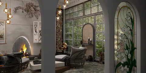 cozy living room with modern furniture arranging in an open space style, featuring a fireplace and large windows; showcases Homestyler's real-time 3D rendering functionality.