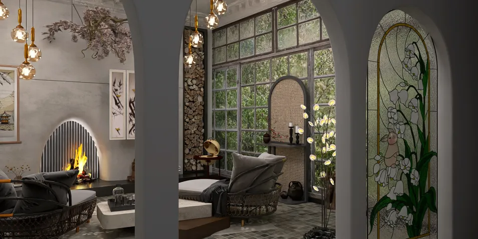 modern living room with cozy seating and decorative lighting showcasing a tranquil atmosphere and indoor plants, featuring Homestyler's real-time 3D rendering for efficient design previews.