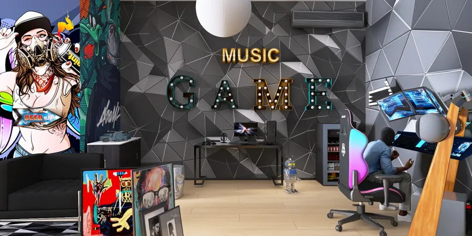 A modern gaming room design featuring a bold geometric wall with a 'MUSIC' and 'GAME' neon sign, showcasing a stylish desk setup with multiple monitors and ergonomic chairs, created using Homestyler's real-time 3D rendering feature for an immersive interior design experience.