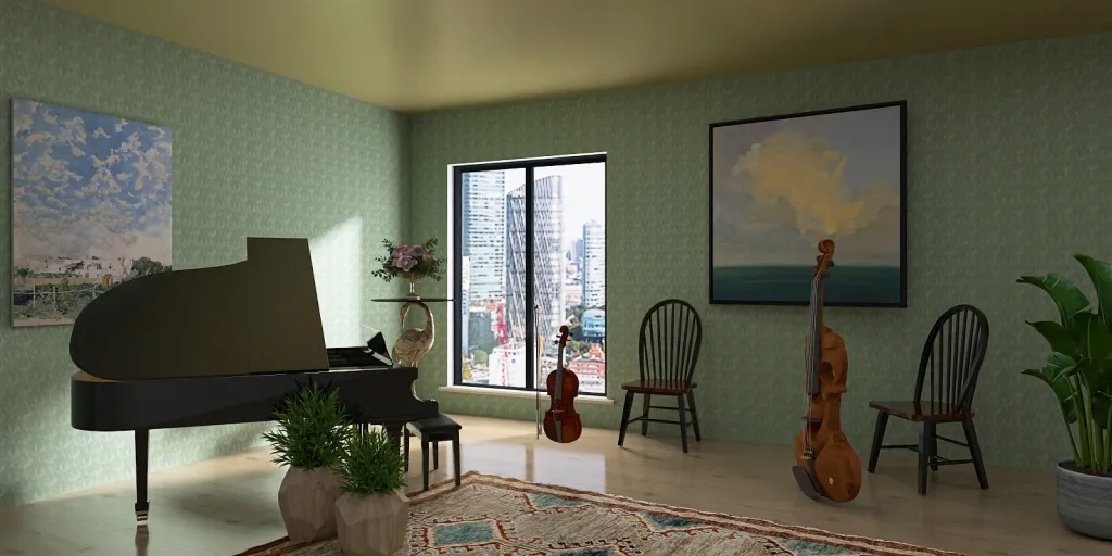 a living room with a piano and a painting 