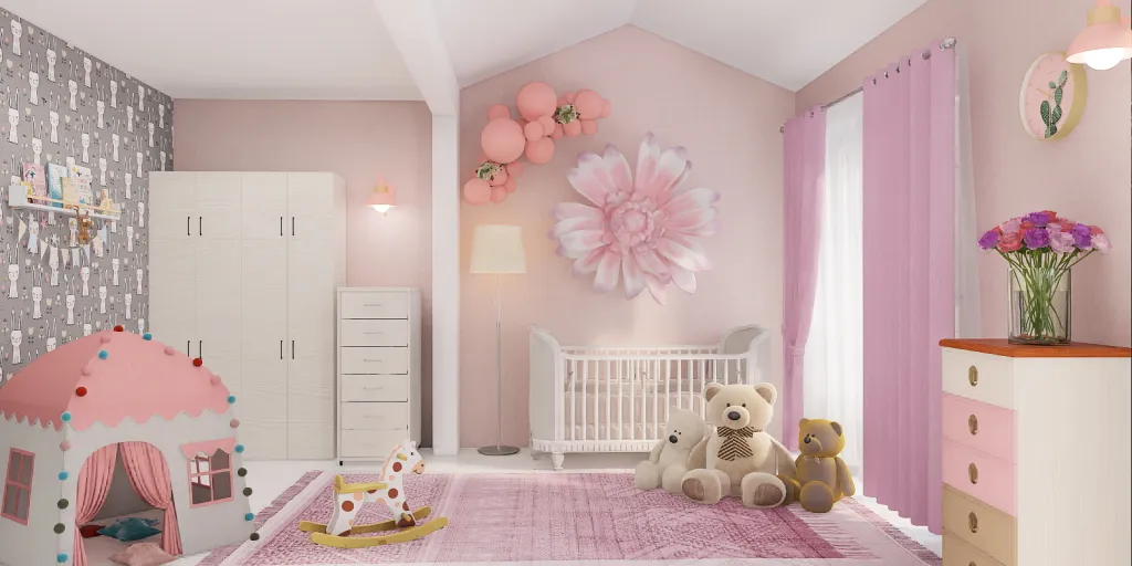 a bedroom with a pink bedspread and a pink dresser 