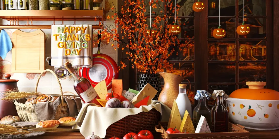 Thanksgiving-themed kitchen display with festive decorations and food arrangements using Homestyler for interior design inspiration.