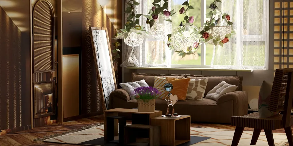 cozy living room design featuring a comfortable sofa and stylish coffee tables with plants and artistic decor, showcasing contemporary interior design with Homestyler's real-time 3D rendering feature.