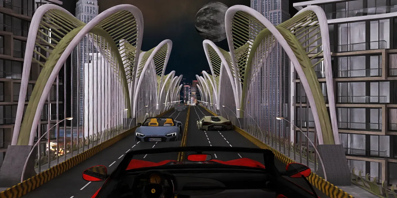 a car driving down a road with a bridge 