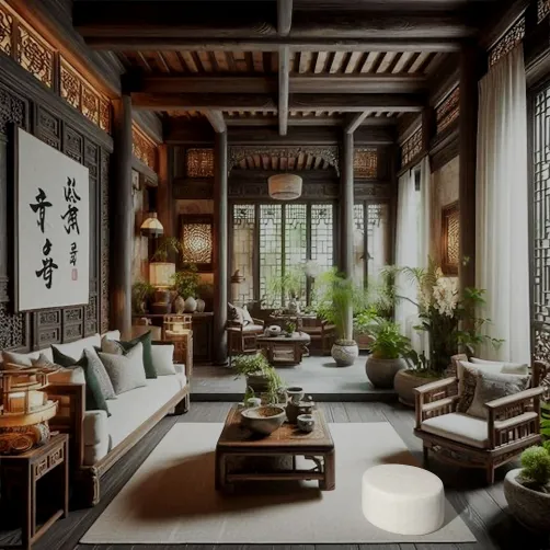traditional living room with wooden beams and decor arrangement in a Chinese style, featuring vibrant greenery and elegant furnishings, showcasing Homestyler's real-time 3D rendering functionality.