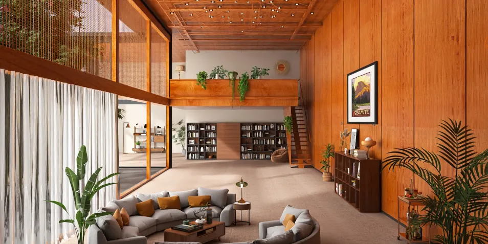 spacious living room with modern furniture arrangement showcasing a cozy atmosphere and natural wood accents, featuring Homestyler's real-time 3D rendering for effective design visualization