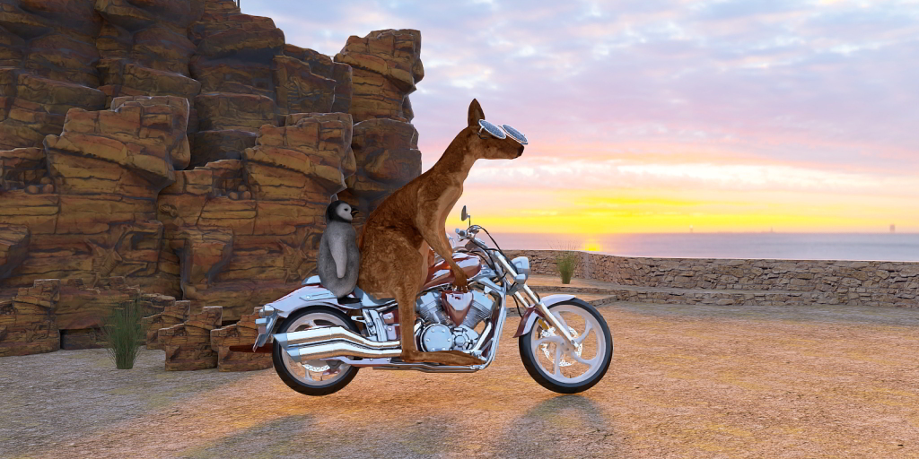 a dog on a motorcycle near a cliff 