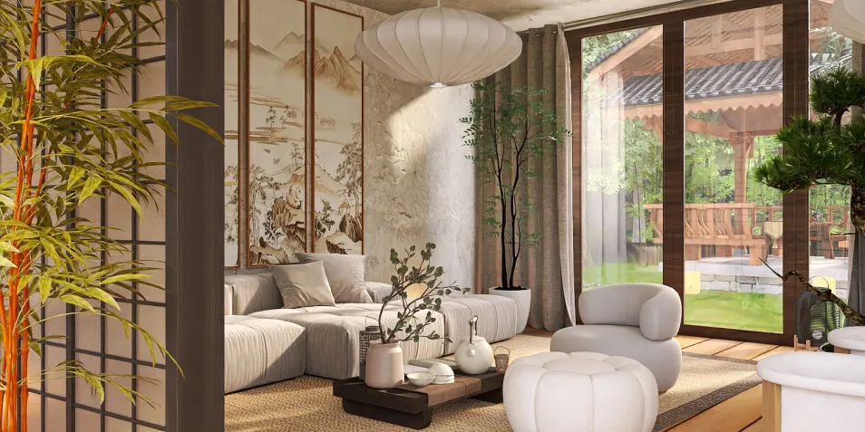 modern living room design featuring a cozy sofa arrangement with soft lighting and natural elements, showcasing a harmonious blend of traditional and contemporary styles, ideal for enhancing interior aesthetics, utilizing Homestyler's real-time 3D rendering feature for design proposal visualization.