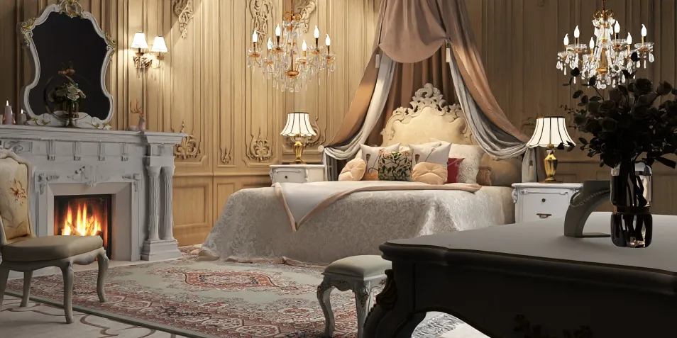 luxurious bedroom interior design featuring opulent chandeliers and intricate wall paneling, showcasing a classic style that enhances comfort and elegance, utilizing Homestyler's real-time 3D rendering for an accurate preview of the design.