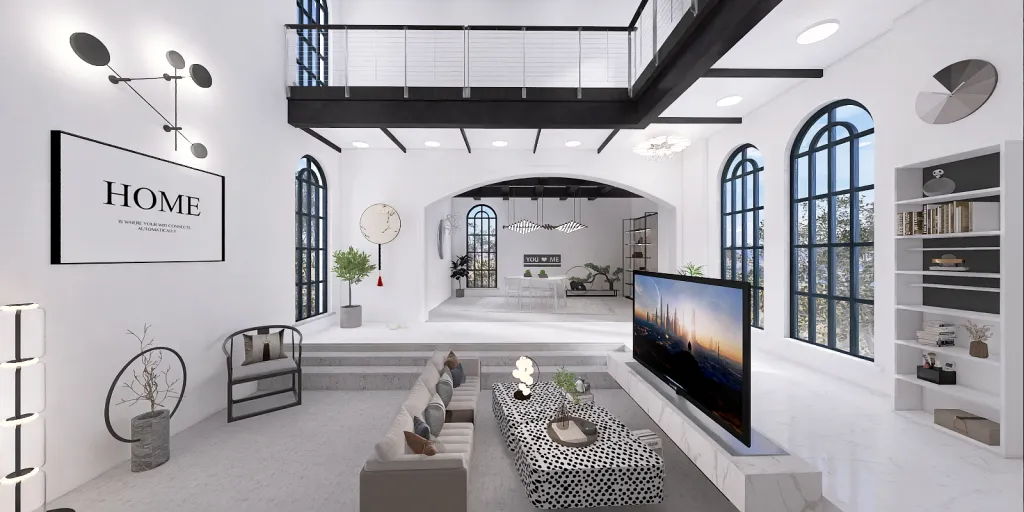 a living room with a tv and a large window 