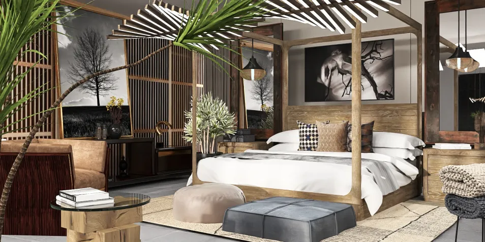 wooden four-poster bed arrangement enhancing a modern rustic bedroom design, featuring creative spatial planning with Homestyler's real-time 3D rendering technology.
