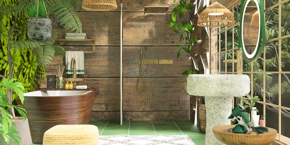 bathroom featuring a wooden bathtub and stone pedestal sink, designed using Homestyler's real-time 3D rendering for a natural-style indoor garden space.