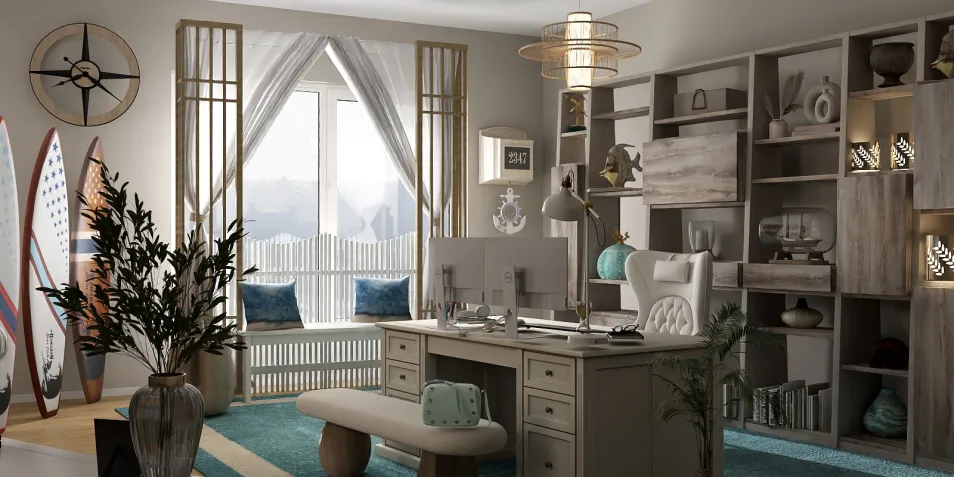 home office interior design featuring a stylish desk arrangement with coastal decor, utilizing Homestyler's real-time 3D rendering for effective space visualization.