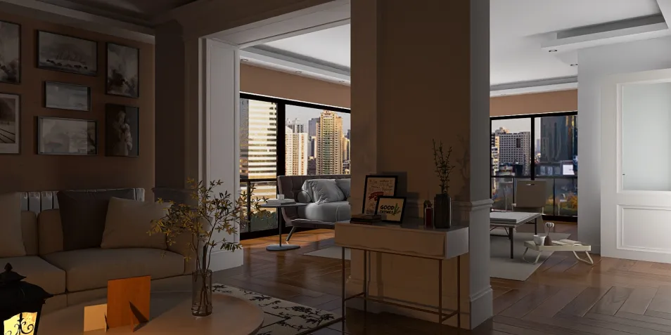 modern living room with city view and cozy decor showcasing smart furniture arrangement in a contemporary style, highlighting Homestyler's real-time 3D rendering feature.