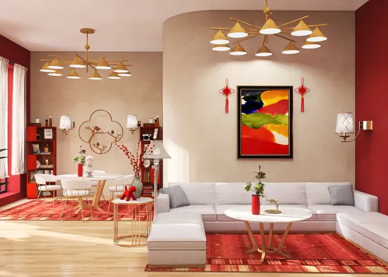 Red and white living room/dining room? Design Rendering
