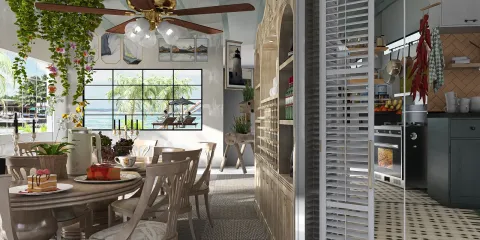 Dining area with a cozy table setting and tropical plants, showcasing an open kitchen design with modern appliances, featuring Homestyler's real-time 3D rendering for immersive interior decor.
