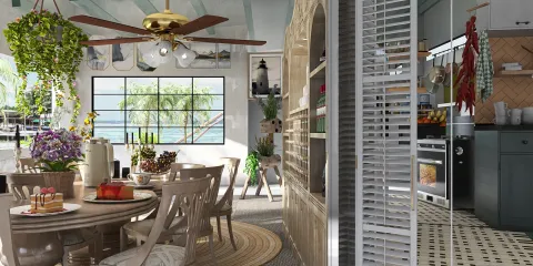 Cozy dining area with a wooden table and soft furnishings, designed for open-concept space optimization, featuring a bright and airy coastal style, leveraging Homestyler's real-time 3D rendering for effective design presentation.