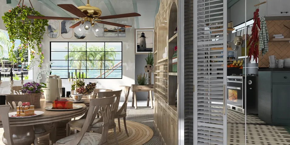 A spacious dining and kitchen area featuring a wooden dining table set with pastries and plants, showcasing a blend of modern and rustic styles in a bright and airy space, utilizing Homestyler's real-time 3D rendering to visualize interior design.