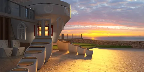 outdoor terrace design showcasing elegant seating arrangements with sunset view in contemporary style, featuring Homestyler's real-time 3D rendering function for design visualization.