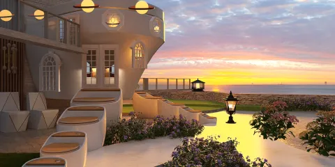 outdoor patio with modern landscaping and sunset view showcasing intelligent furniture arrangement style, enhancing exterior design with Homestyler's real-time 3D rendering feature