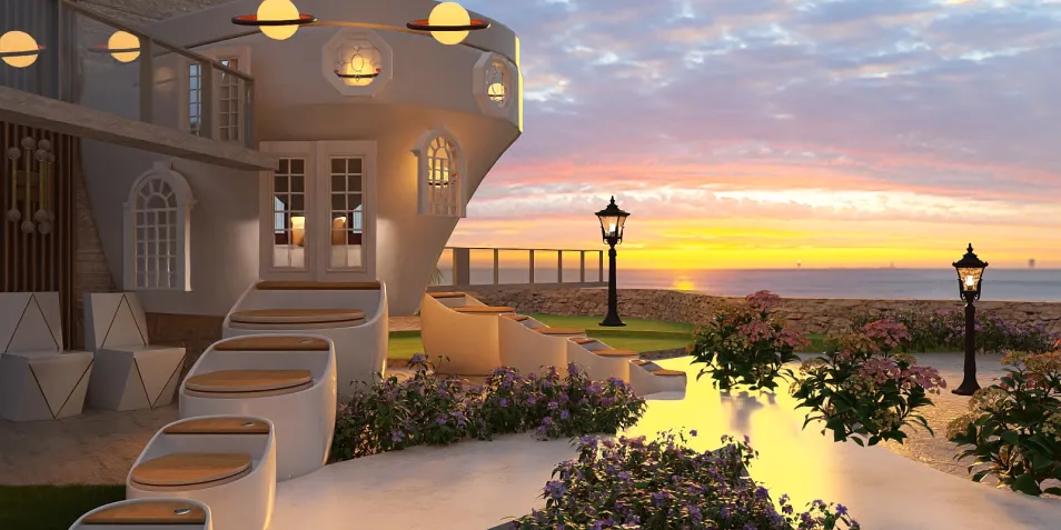 outdoor terrace with sunset view enhancing the ambiance using smart furniture arrangement in a coastal living space, showcasing Homestyler's real-time 3D rendering feature for realistic design previews.