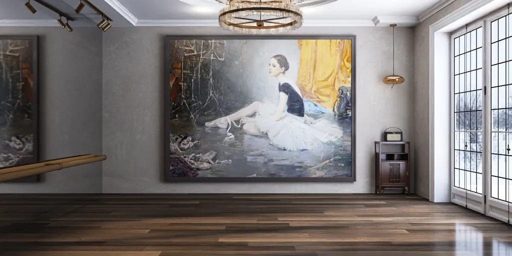 a painting of a woman in a room with a painting of a man 