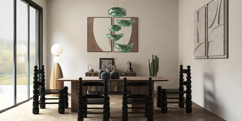 dining room with unique chairs showcasing modern design elements, featuring smart furniture arrangement for optimized space, utilizing Homestyler's AR furniture placement for accurate interior decor visualization.