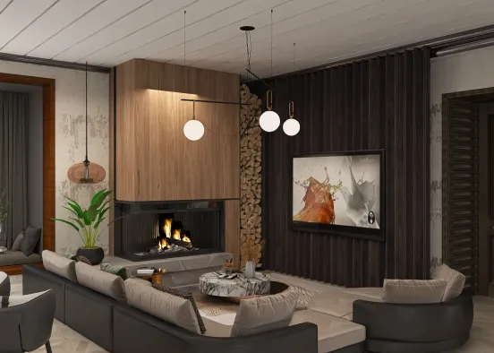# Cozy warm dark wood livingroom  Renderização de Design
