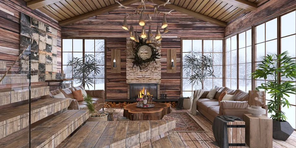cozy wooden living room featuring a fireplace with rustic furnishings in a cabin style, utilizing Homestyler's real-time 3D rendering for design visualization