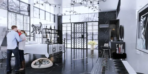 Industrial Family room with baby crib