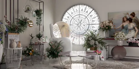 cozy living room with a large decorative window featuring floral arrangements and modern furniture design, showcasing interior decor elements with Homestyler's real-time 3D rendering feature