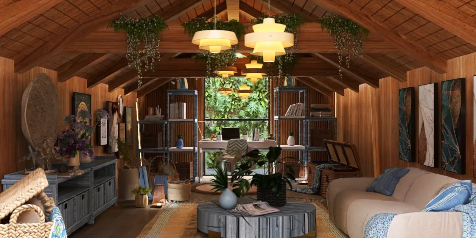 cozy interior living space with modern furniture arrangement in rustic style showcasing homestyler's real-time 3D rendering feature